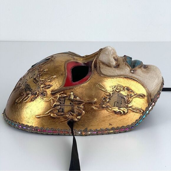Venetian Mask Volto Musica Gold And Blue And Gold Handmade - Picture 5 of 9